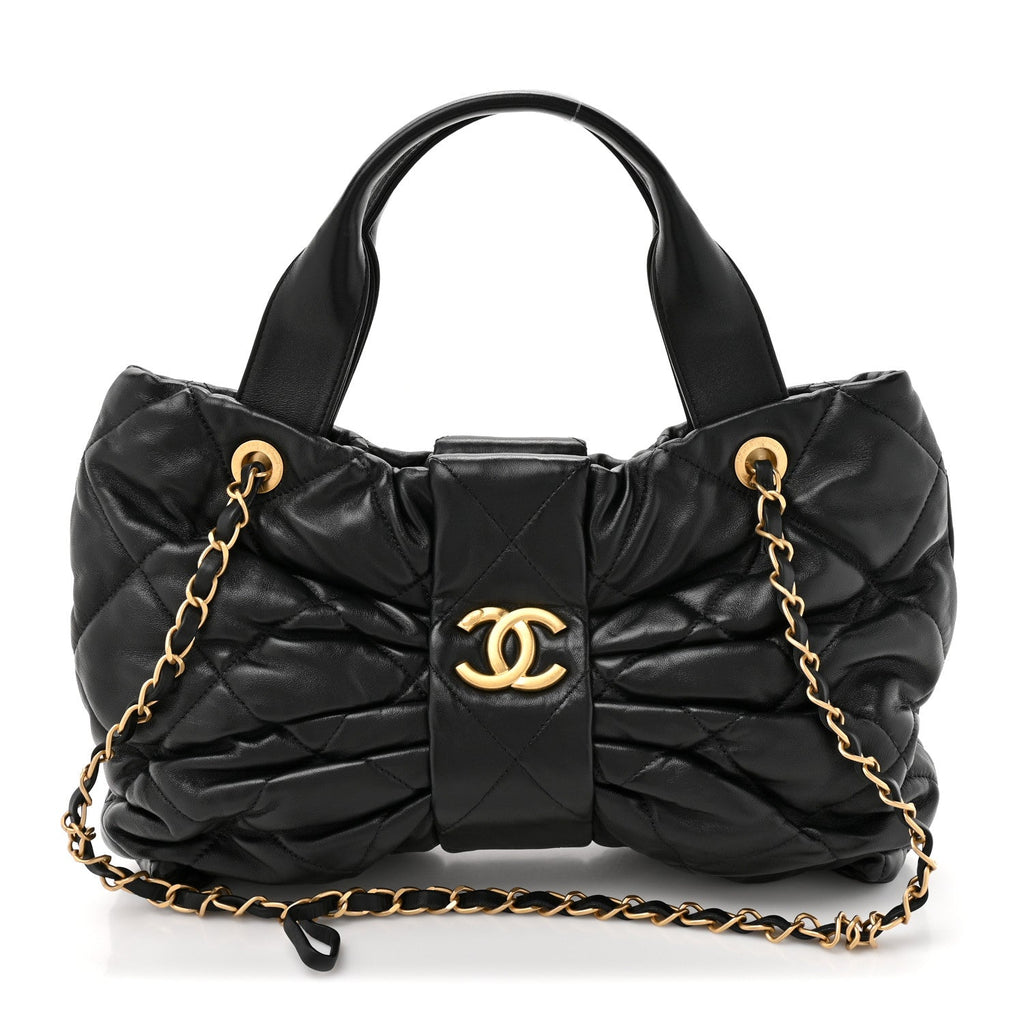 Lambskin Quilted Bow Bag Black