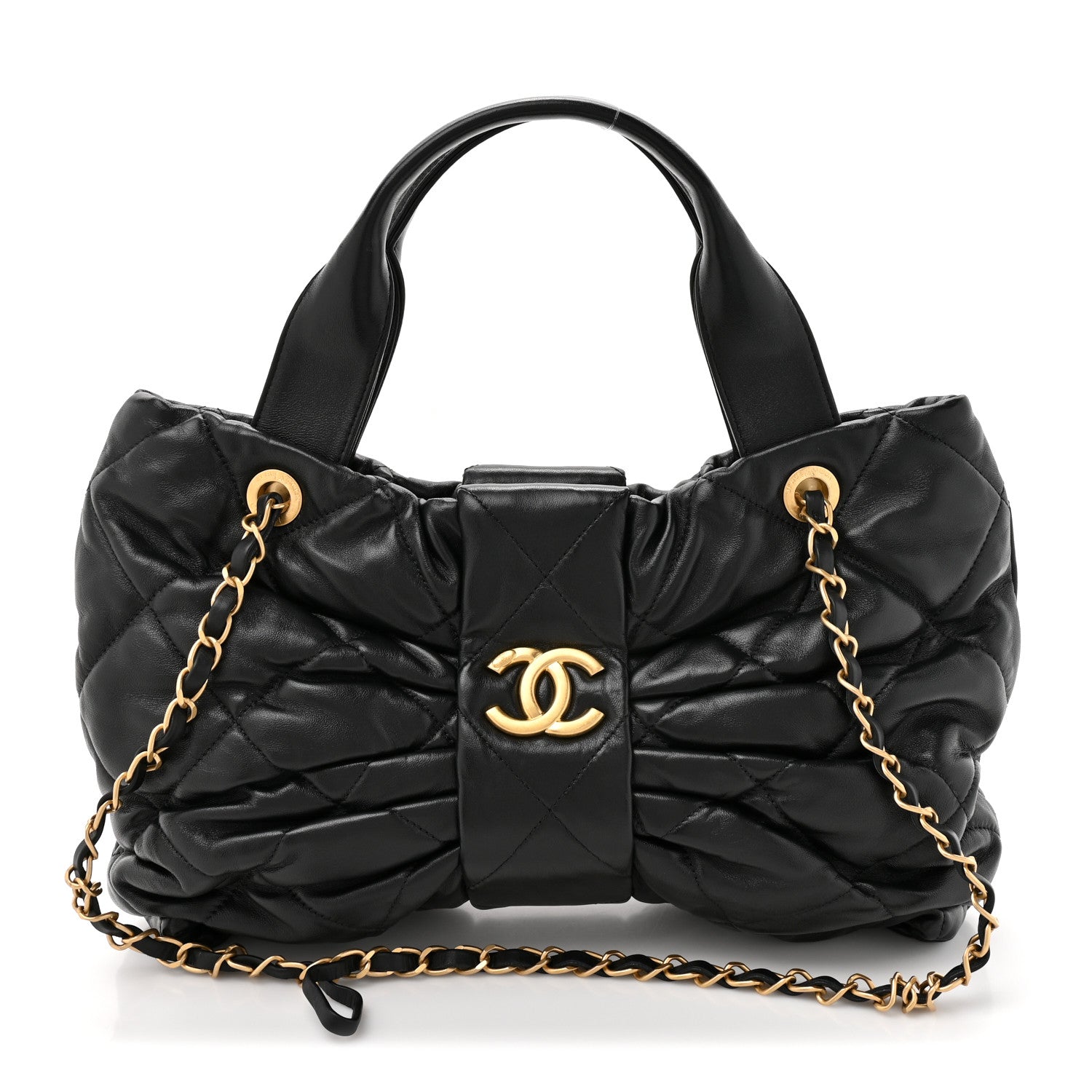 Lambskin Quilted Bow Bag Black
