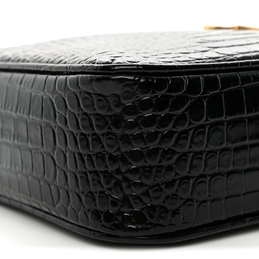 Patent Calfskin Crocodile Embossed Monogram Lou Camera Bag Black