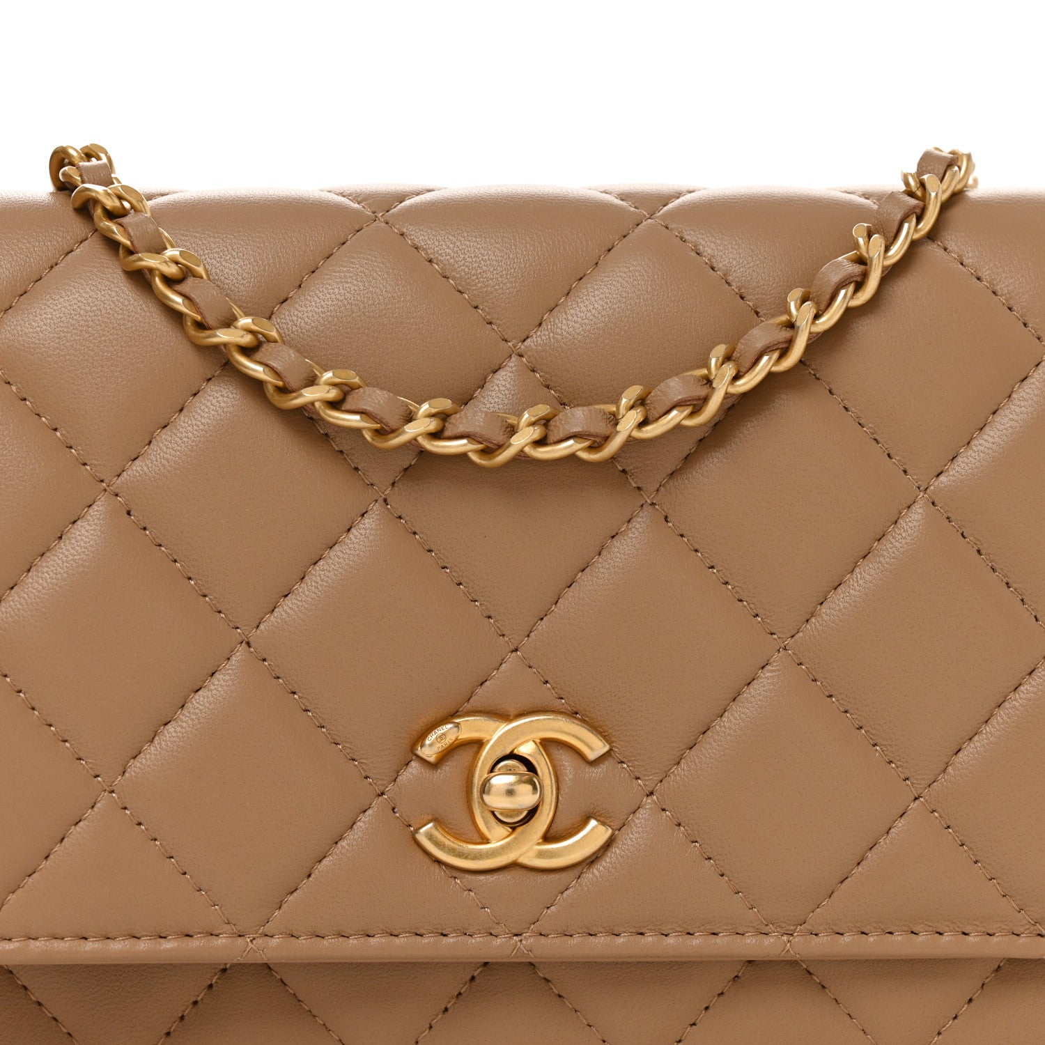Lambskin Quilted CC Pearl Crush Wallet on Chain WOC Beige