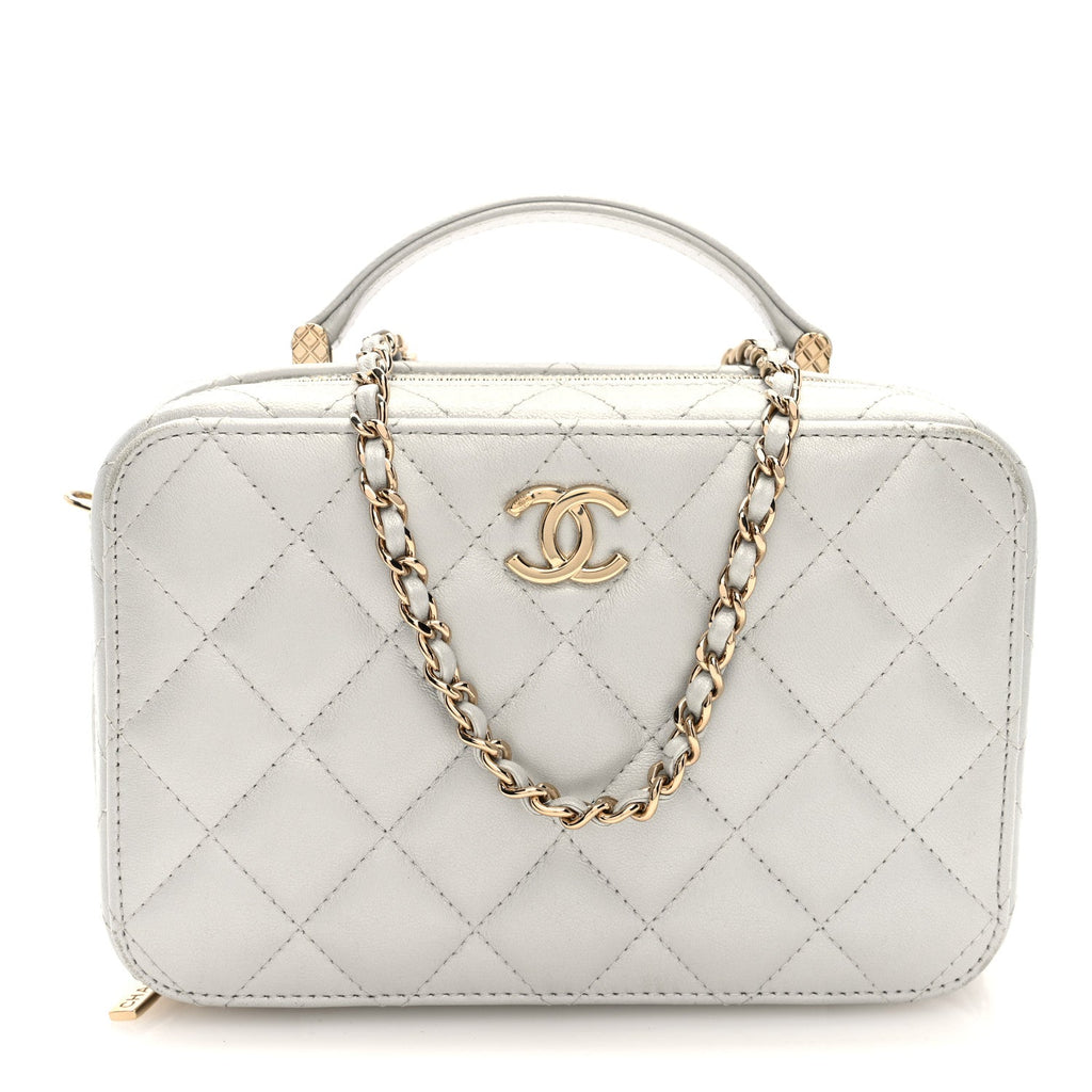 Metallic Lambskin Quilted Top Handle Vanity Case Silver