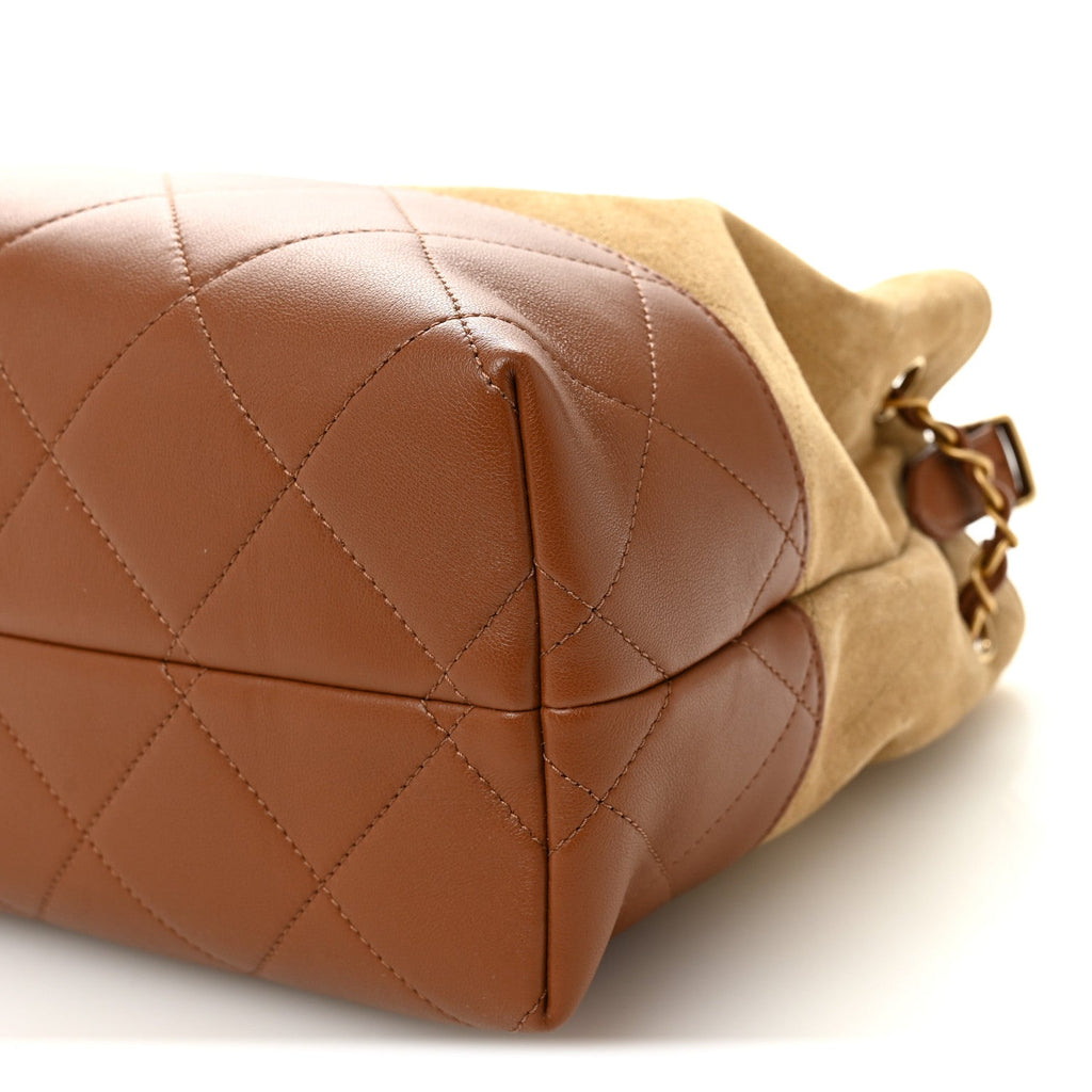 Suede Calfskin Shiny Lambskin Quilted Small Coco Base Shopping Bag Beige Camel