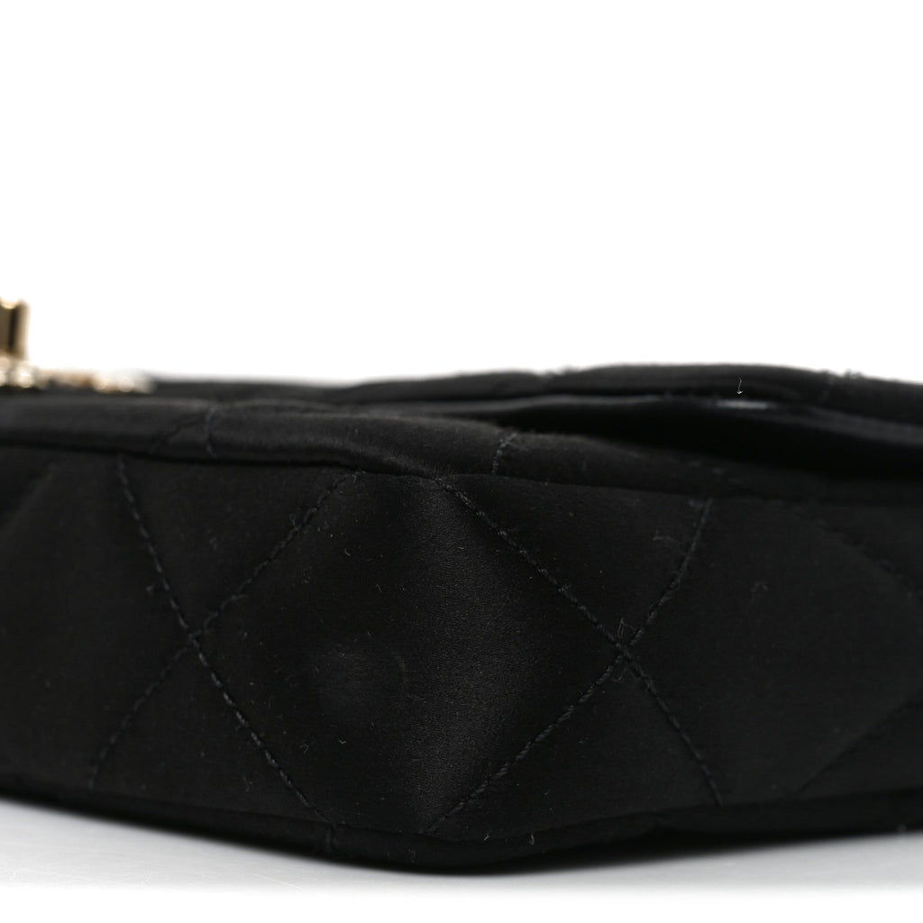 Satin Quilted Pearl CC Flap Clutch Black