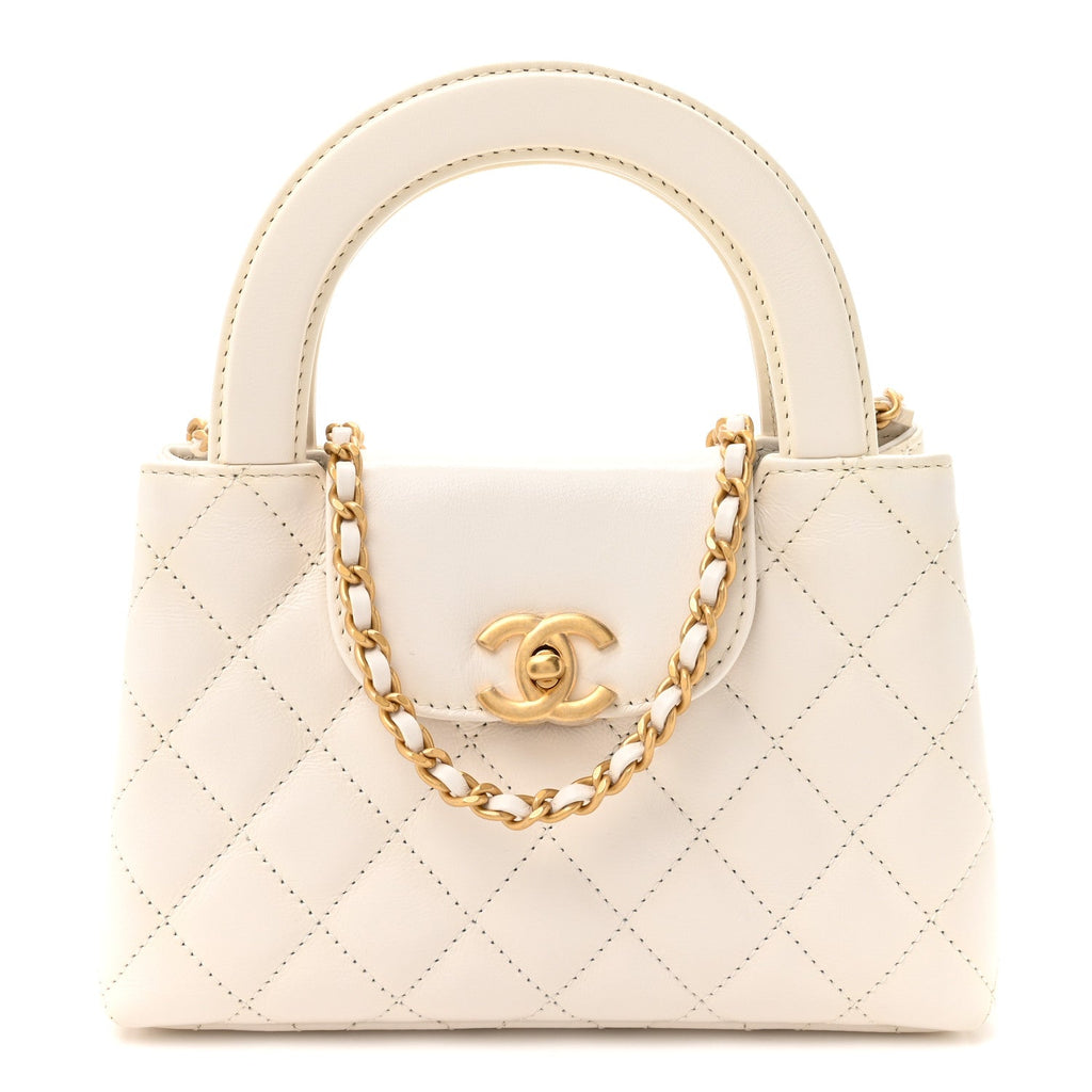 Shiny Aged Calfskin Quilted Nano Kelly Shopper White