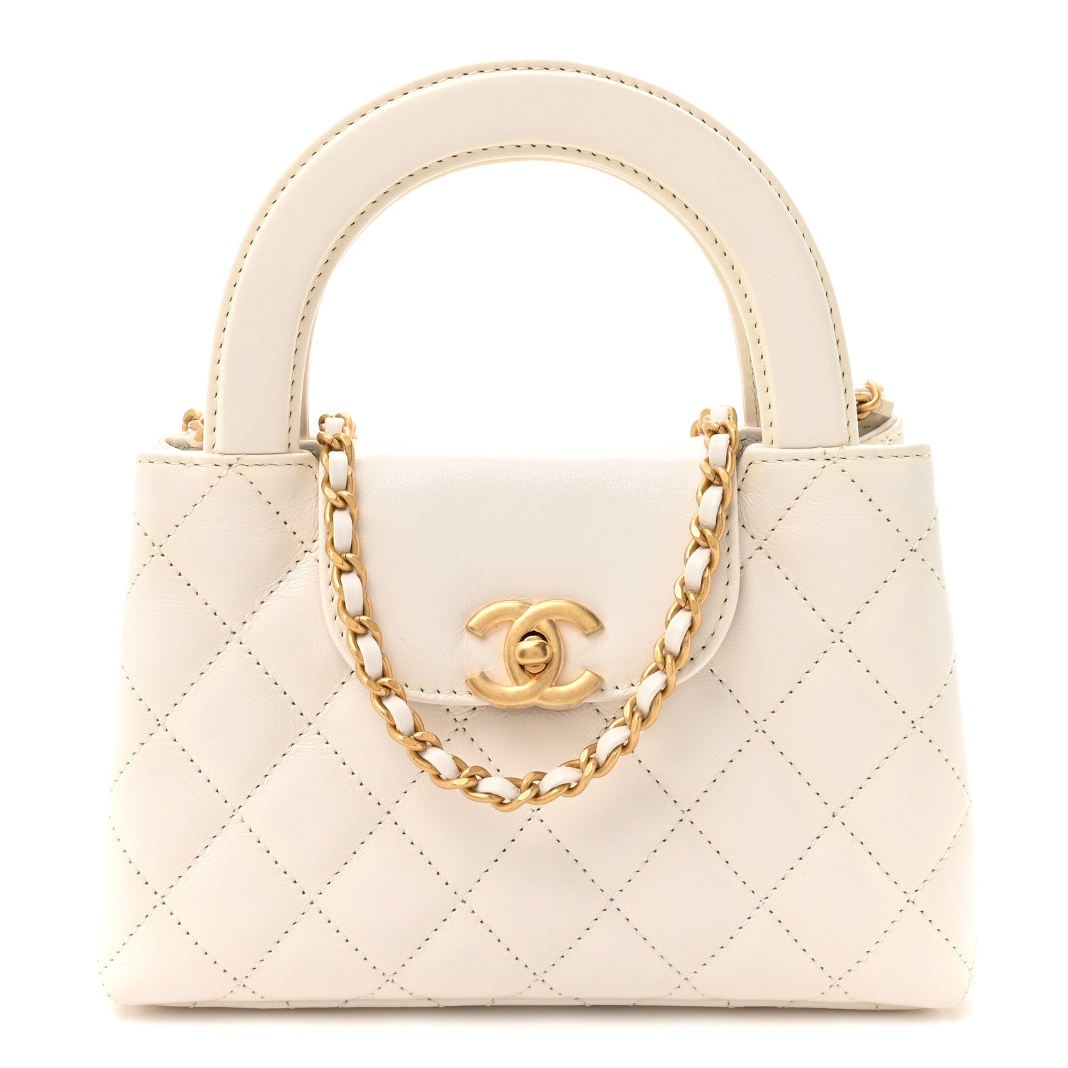 Shiny Aged Calfskin Quilted Nano Kelly Shopper White