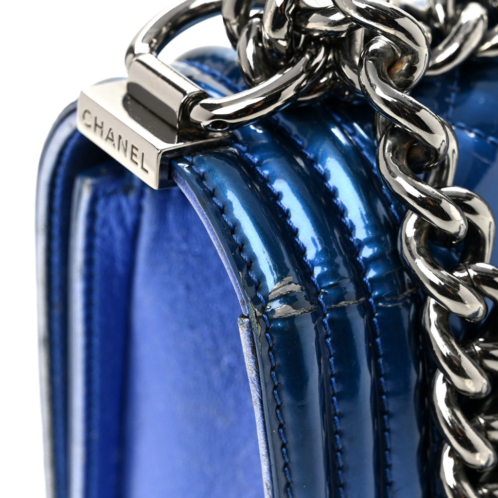 Metallic Patent Quilted Medium Boy Flap Blue