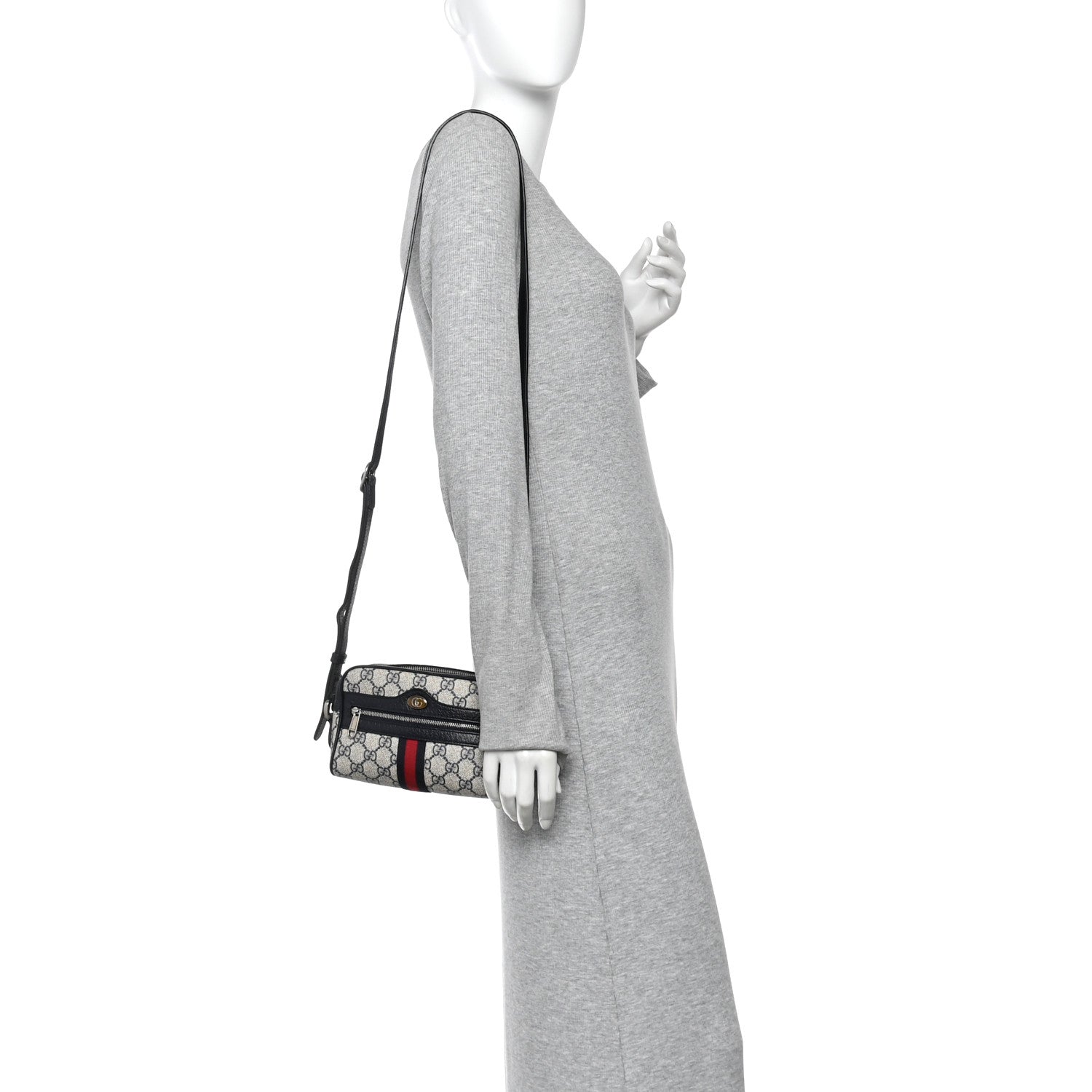 GG Supreme Monogram Textured Dollar Calfskin Web Mini Ophidia Shoulder Bag Beige Blue