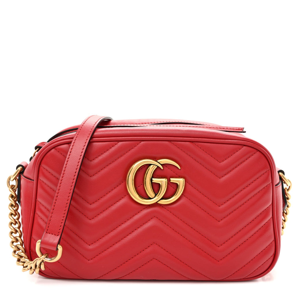 Calfskin Matelasse Small GG Marmont Chain Shoulder Bag Hibiscus Red