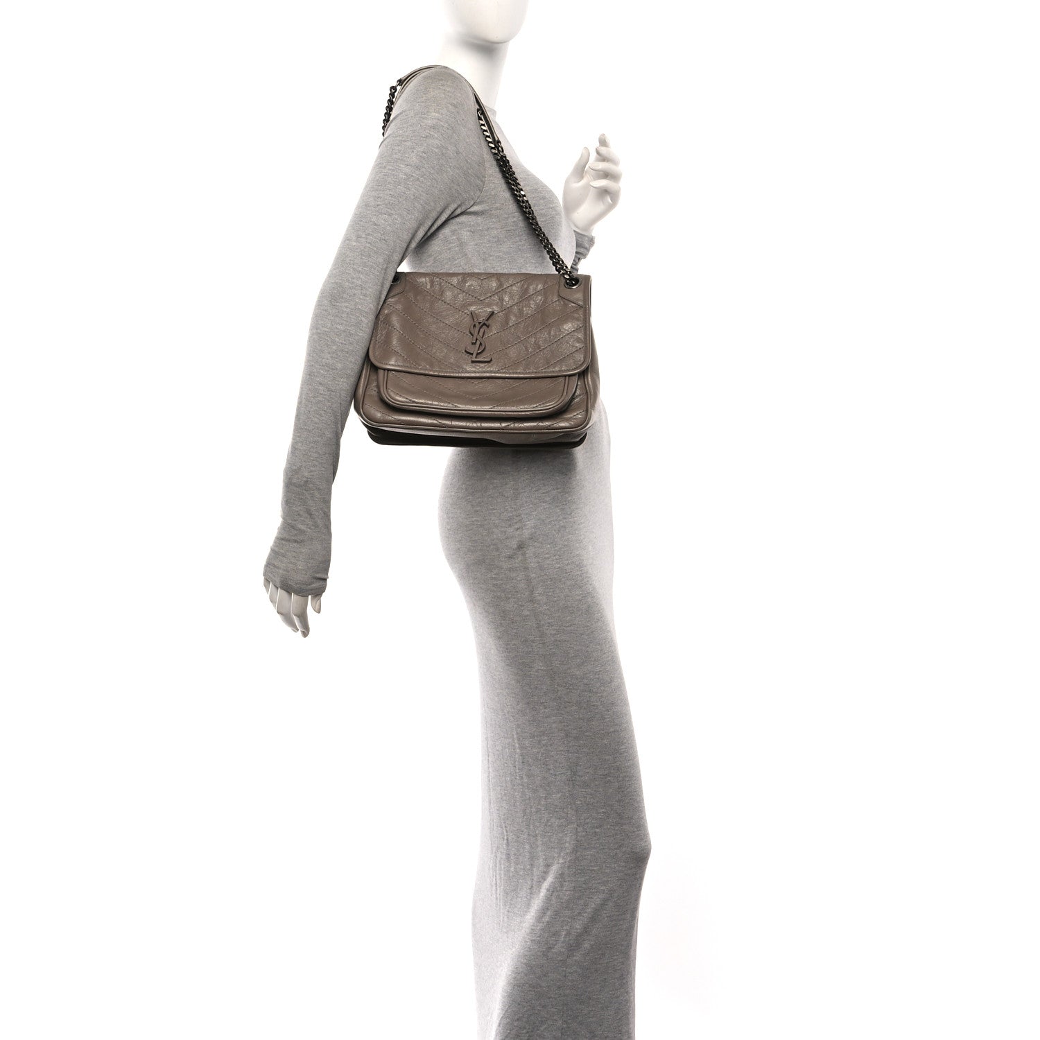 Crinkled Calfskin Matelasse Monogram Medium Niki Chain Satchel Greyish Brown