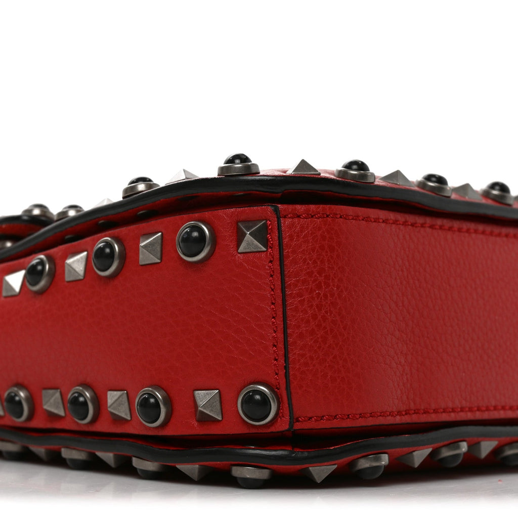 Grained Calfskin Onyx Medium Guitar Strap Rockstud Rolling Flap Saddle Bag Rosso Valentino