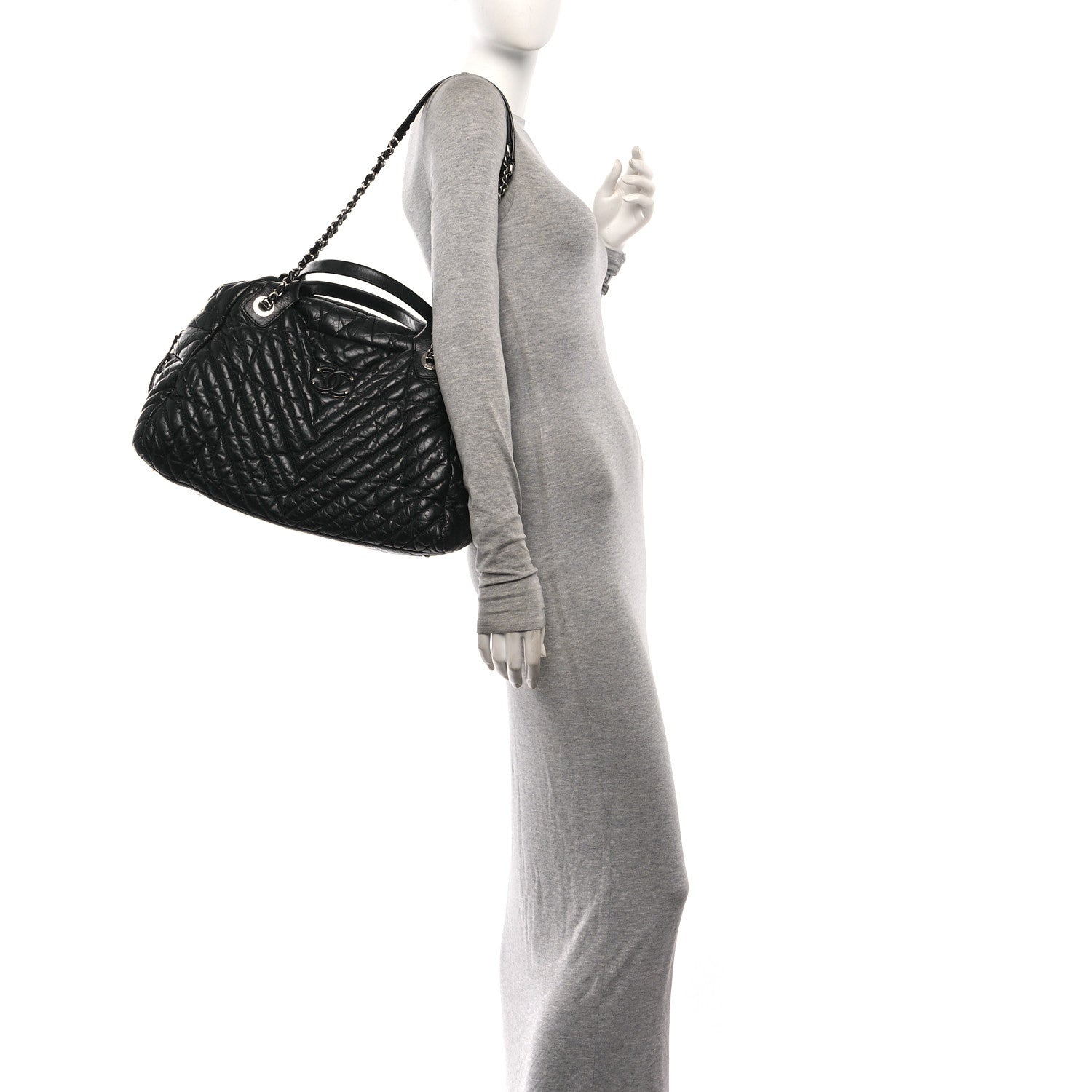 Aged Calfskin Chevron Large Soft Bowling Bag Black