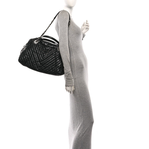 Aged Calfskin Chevron Large Soft Bowling Bag Black