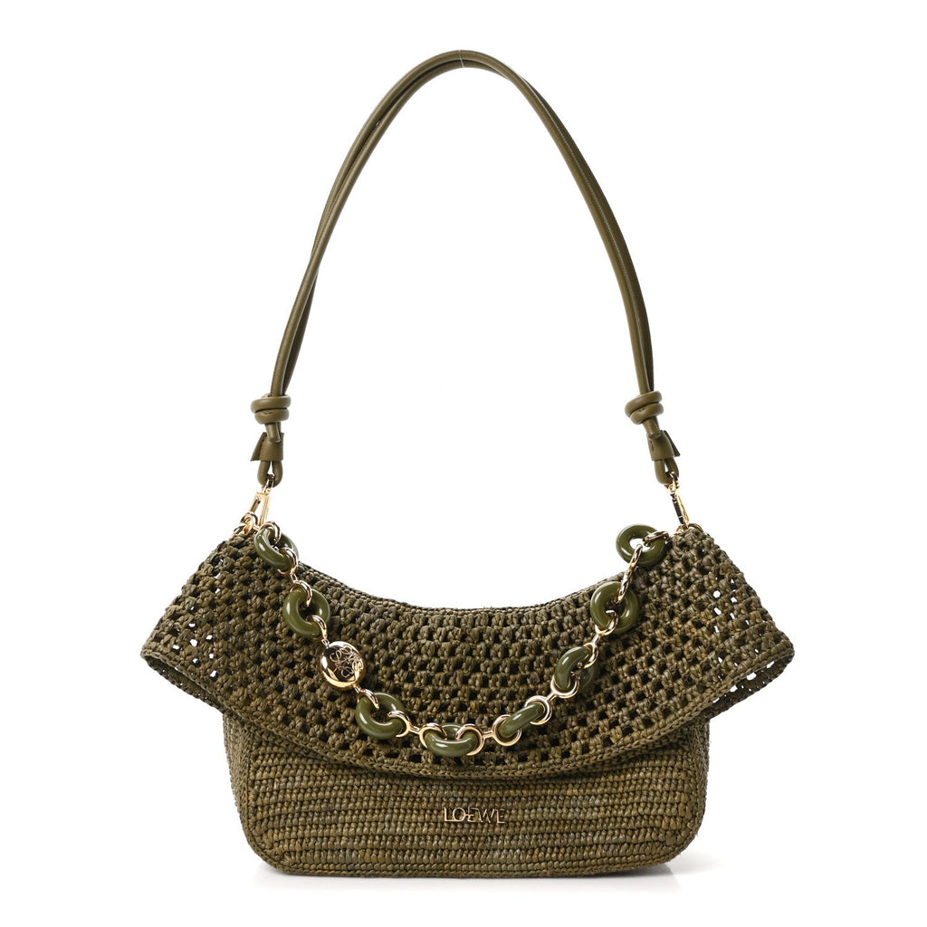Raffia Calfskin Donut Chain Medium Ola Shoulder Bag Dark Khaki