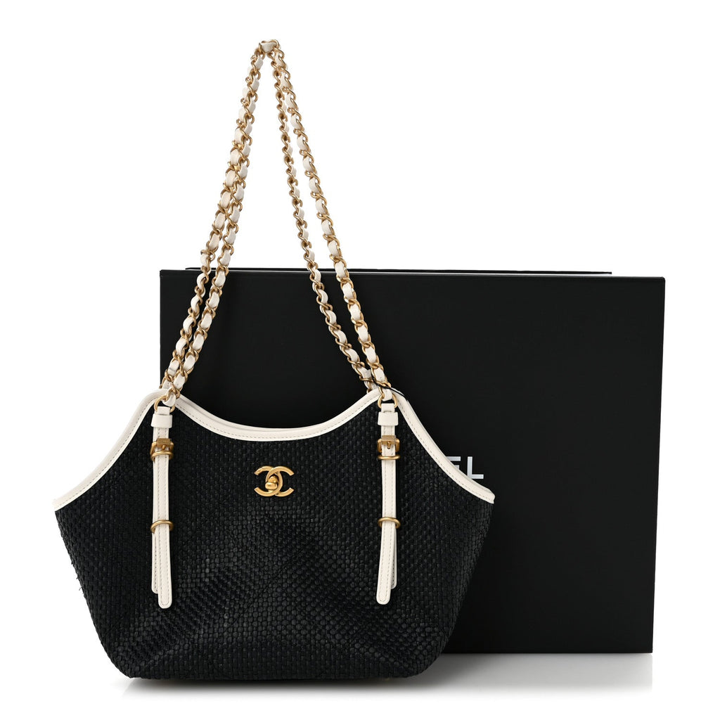 Braided Raffia Calfskin Stitched Small Shopping Tote Black White