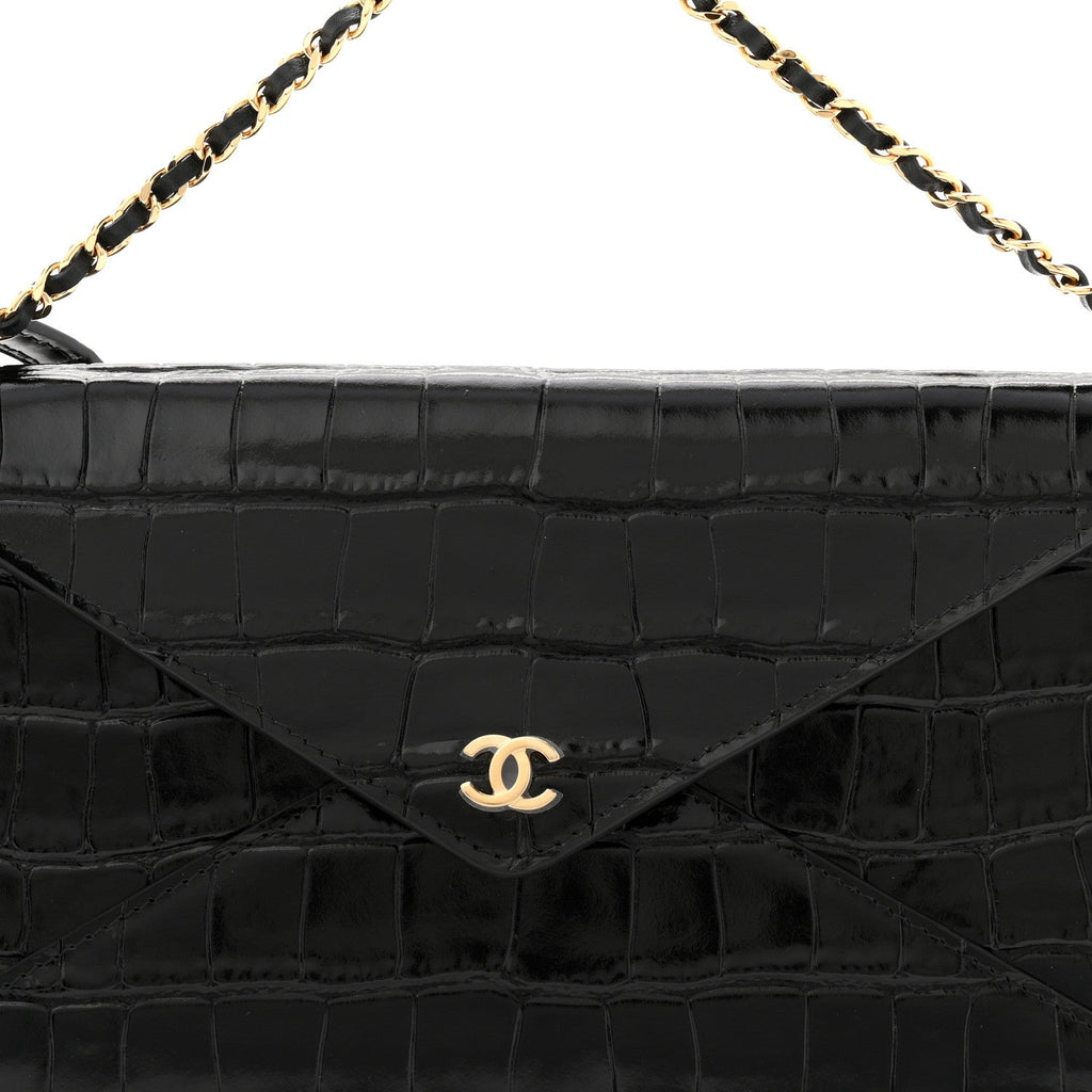 Calfskin Crocodile Embossed Clutch With Chain Black