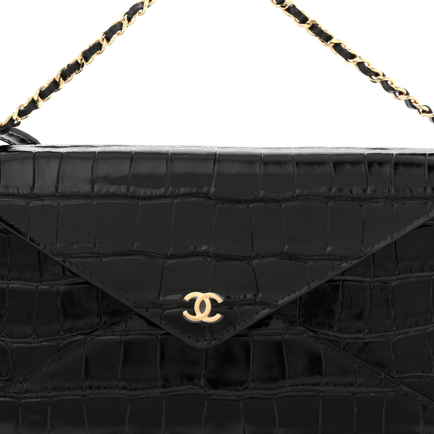 Calfskin Crocodile Embossed Clutch With Chain Black