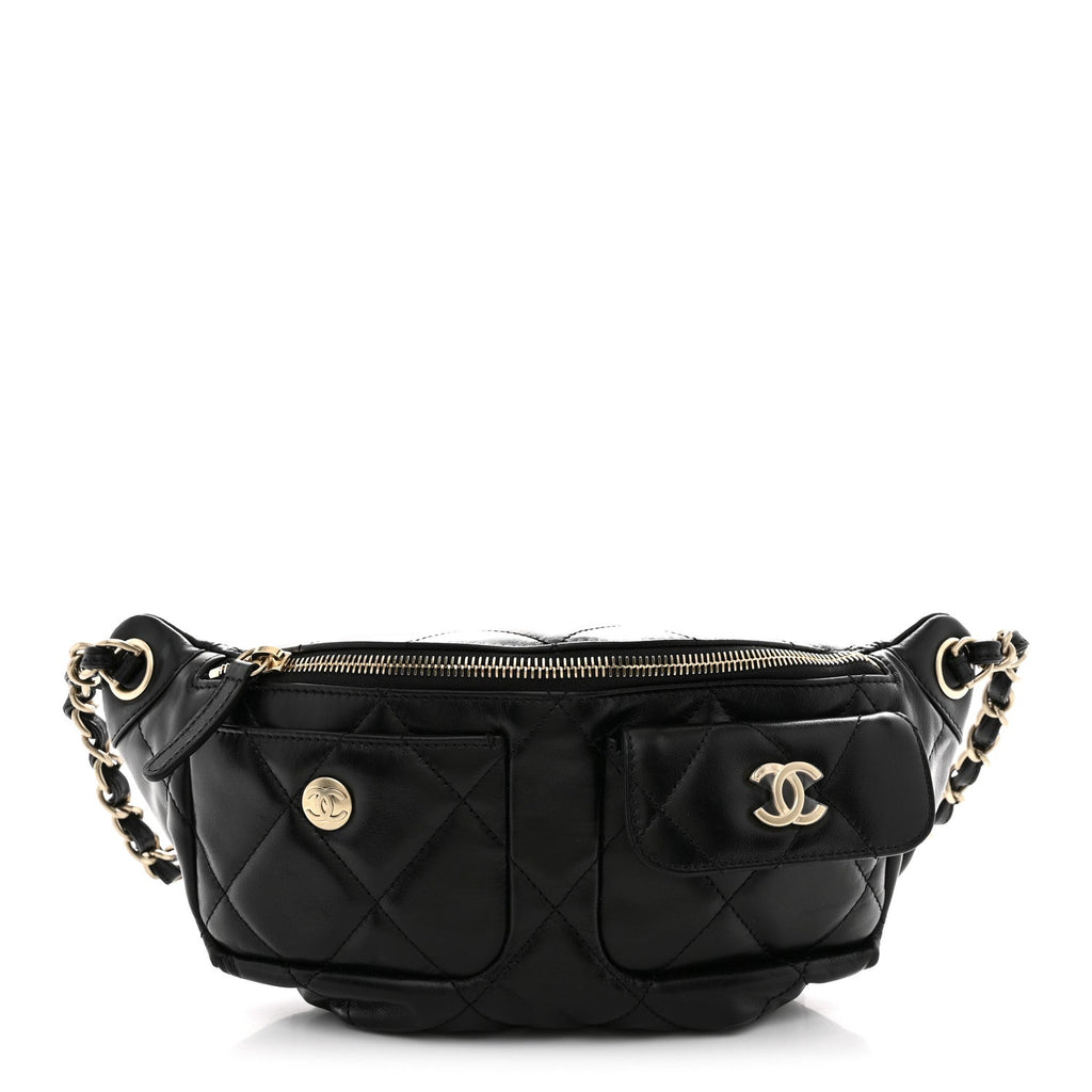 Shiny Aged Calfskin Quilted CC Pockets Jacket Waist Belt Bag Black