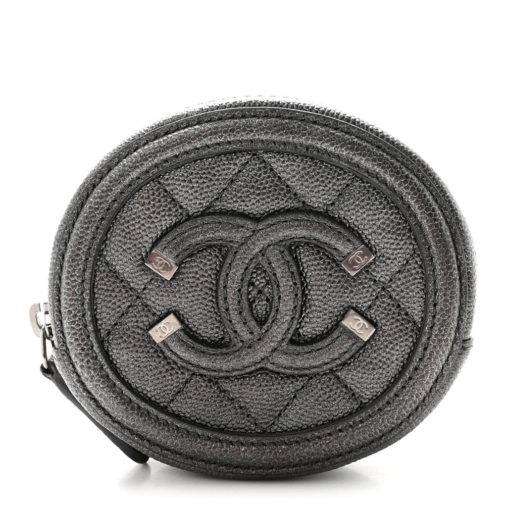 Metallic Caviar Quilted Filigree Zip Around Classic Coin Purse Dark Silver