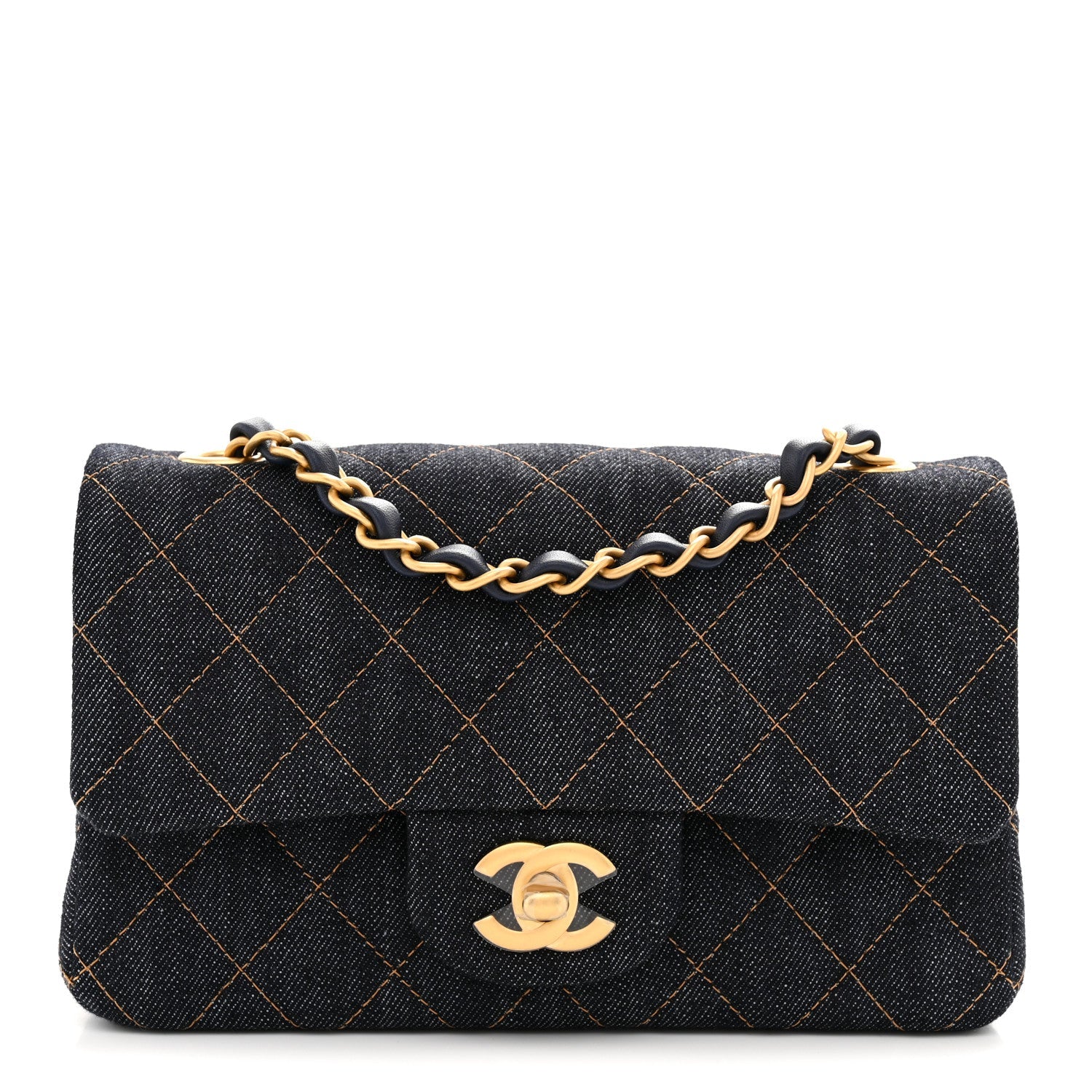 Denim Quilted Mini Rectangular Flap Dark Blue Orange