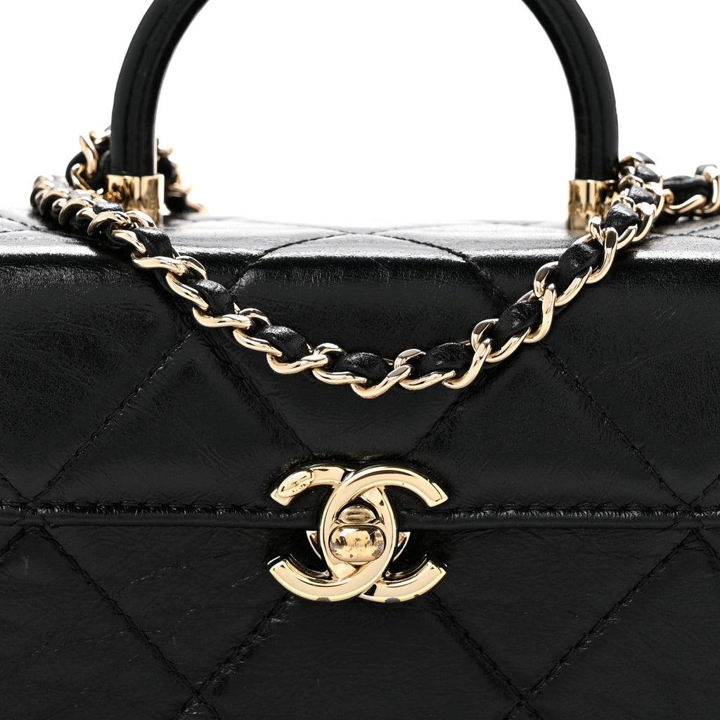 Shiny Calfskin Quilted Top Handle Box Bag Black