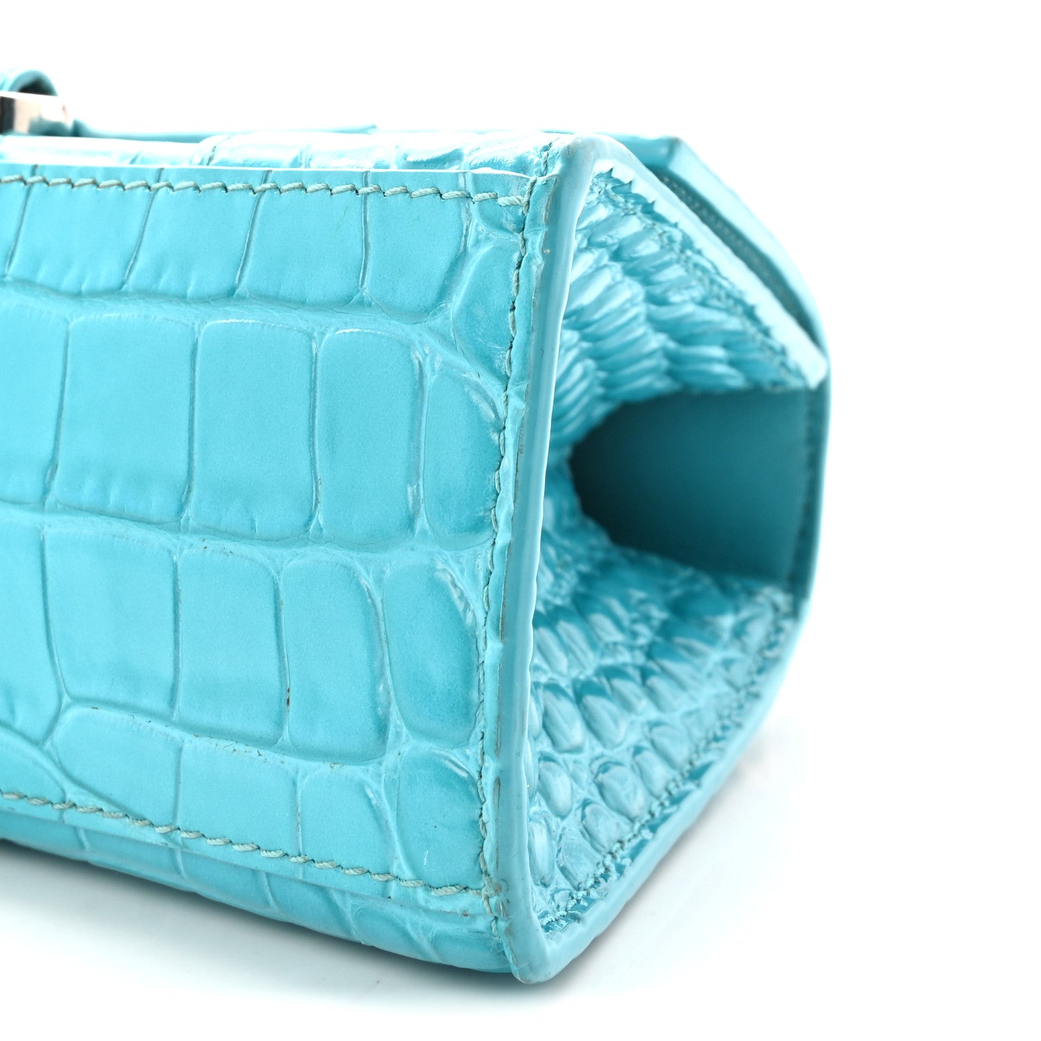 Shiny Calfskin Crocodile Embossed Hourglass Top Handle Bag XS Azur