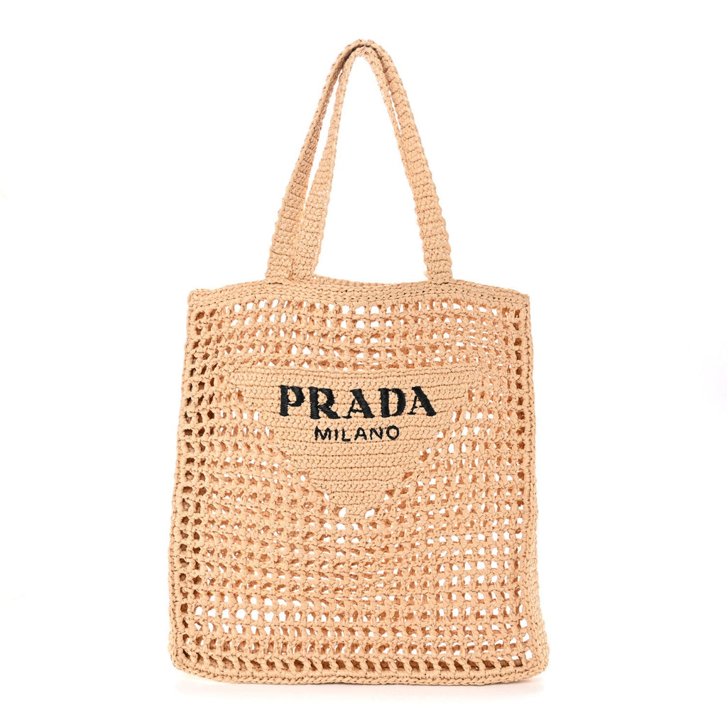 Yarn Raffia Effect Crochet Logo Embroidered Tote Bag Naturale