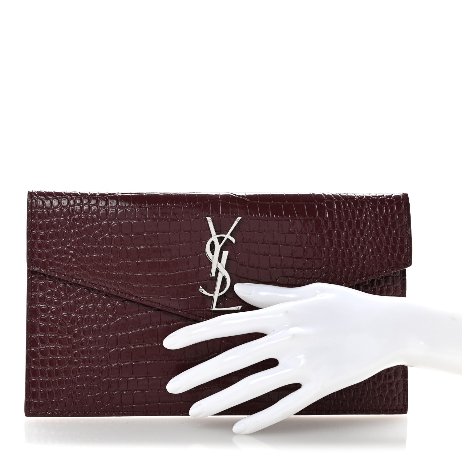 Calfskin Crocodile Embossed Uptown Monogram Clutch Rouge Legion