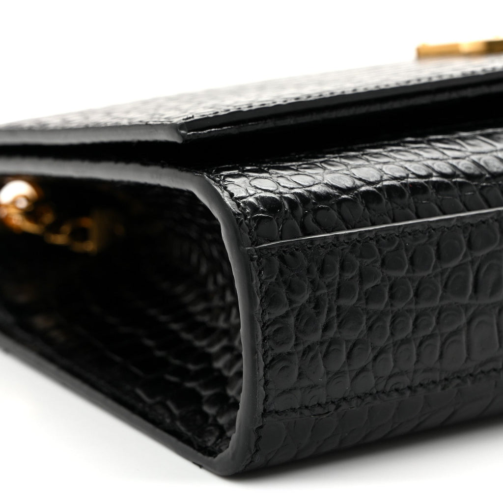 Calfskin Crocodile Embossed Medium Classic Monogram Kate Tassel Satchel Black Black