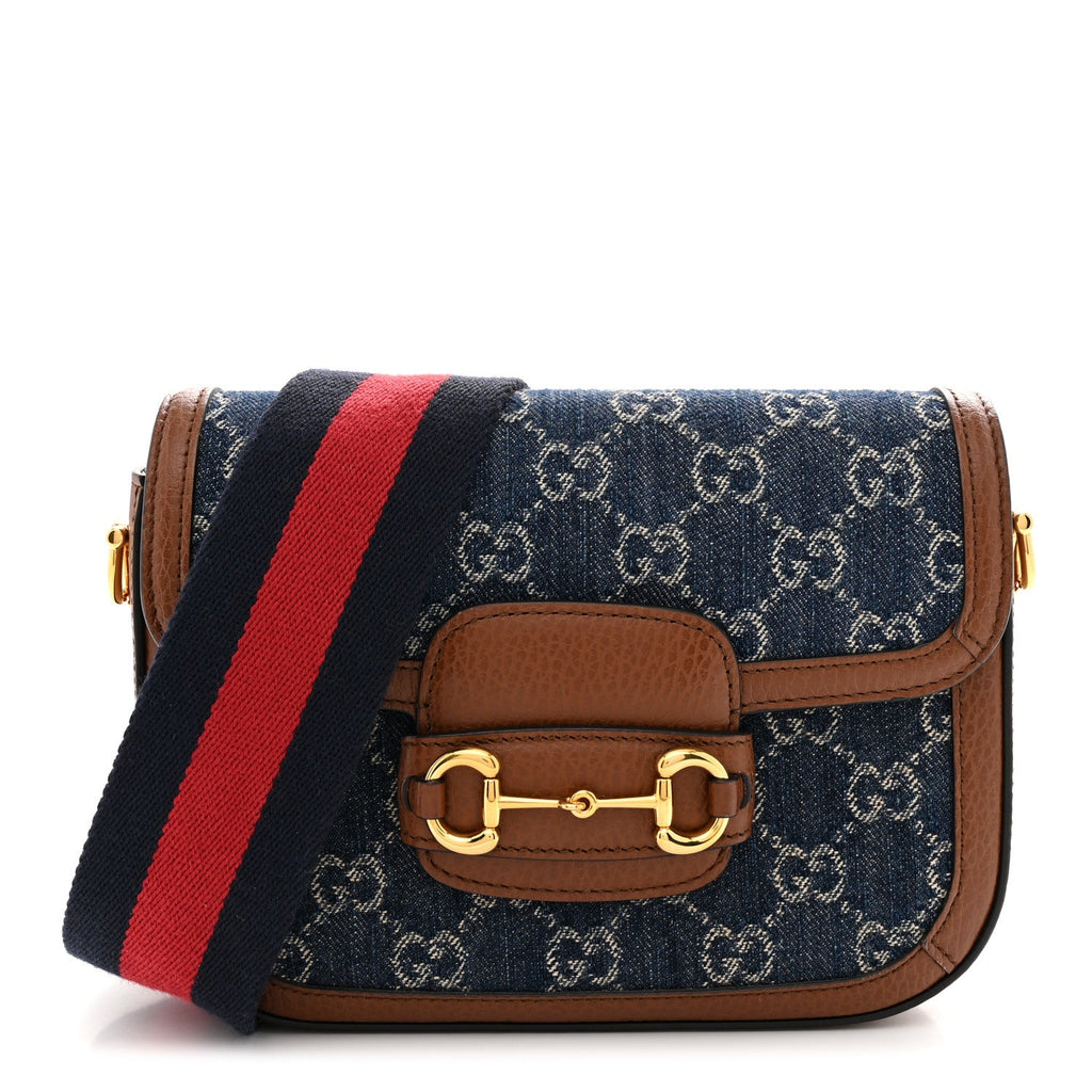 New Denim GG Monogram Dollar Calfskin Web Mini Horsebit 1955 Shoulder Bag Blue Tea Cuir Epilog