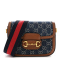 New Denim GG Monogram Dollar Calfskin Web Mini Horsebit 1955 Shoulder Bag Blue Tea Cuir Epilog