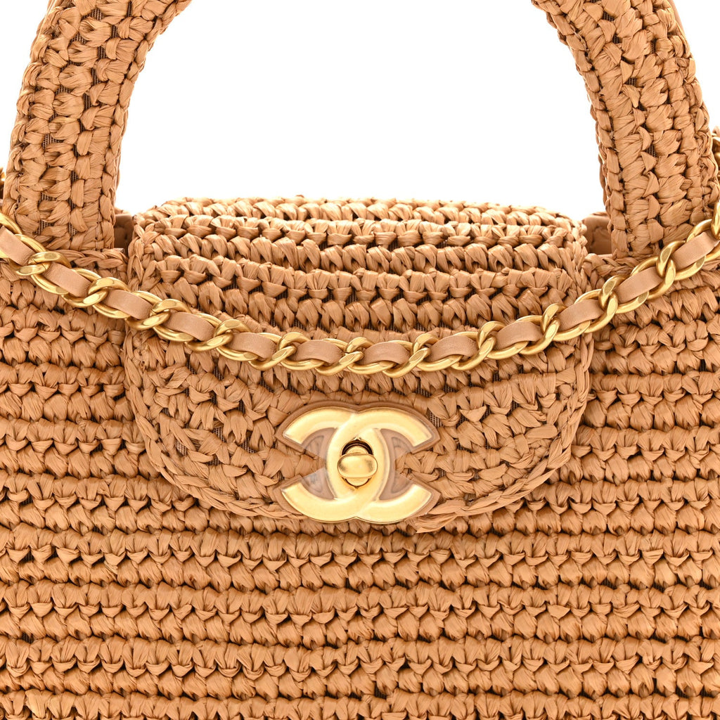 Braided Raffia Nano Kelly Flap Bag Dark Beige