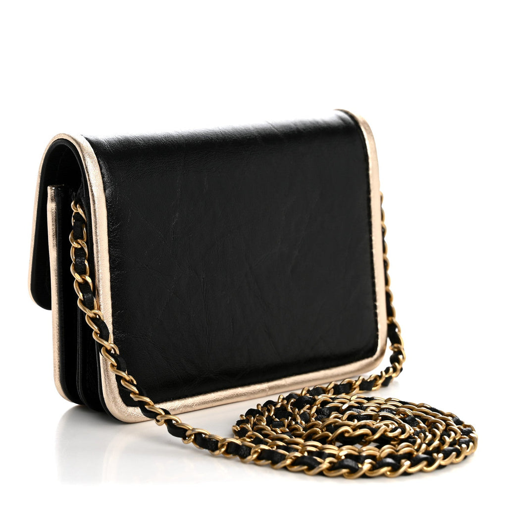 Metallic Calfskin Clutch With Chain Black Gold