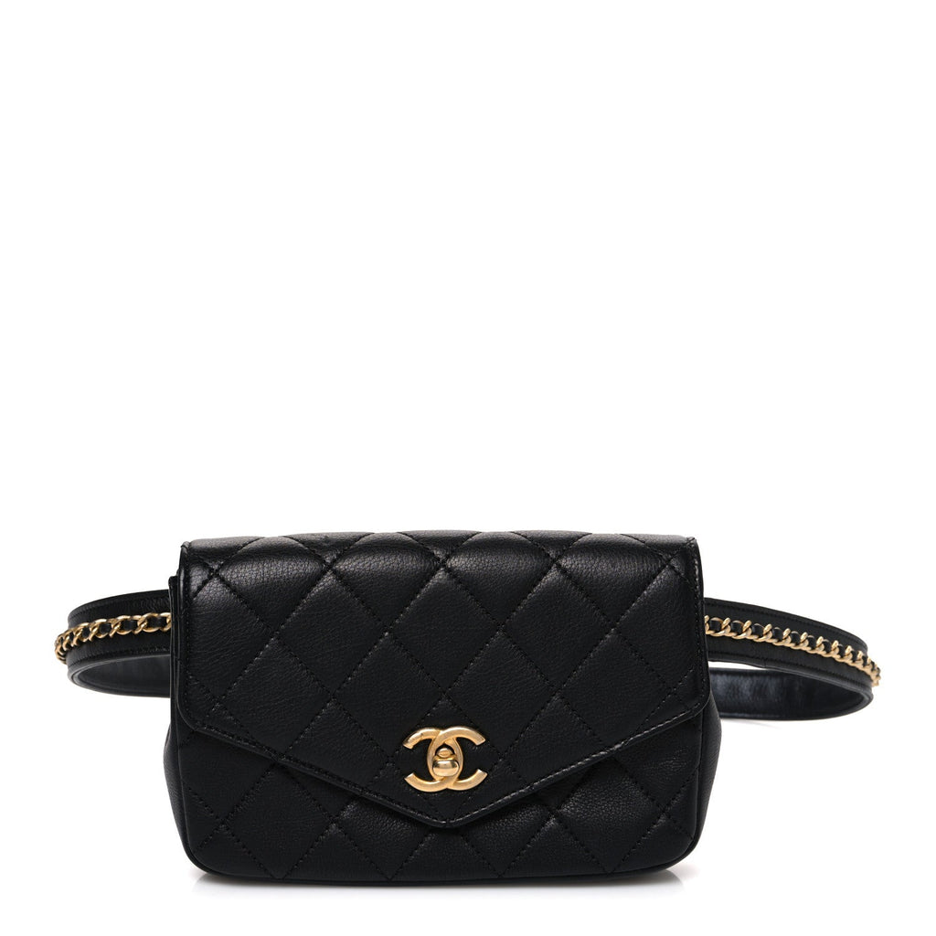 Calfskin Quilted Flap Waist Bag Black
