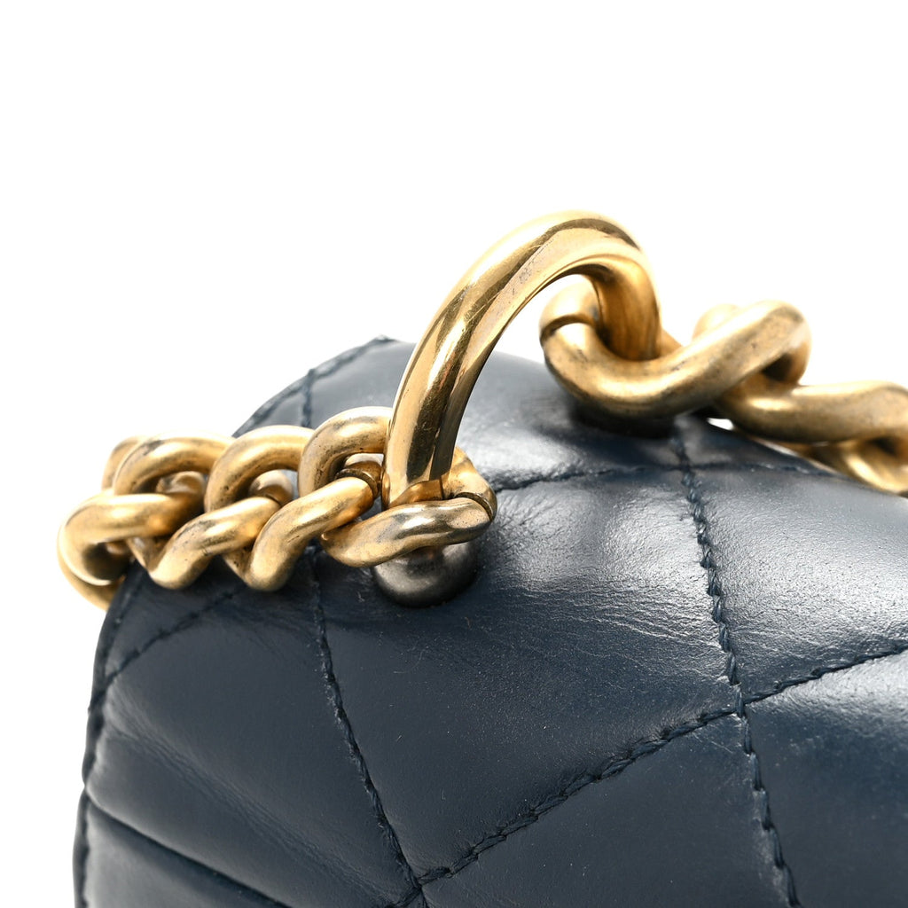 Glazed Calfskin Quilted Small Straight Lined Flap Blue
