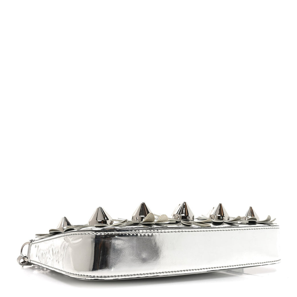 Metallic Patent Calfskin Flower Loubila Chain Clutch Silver