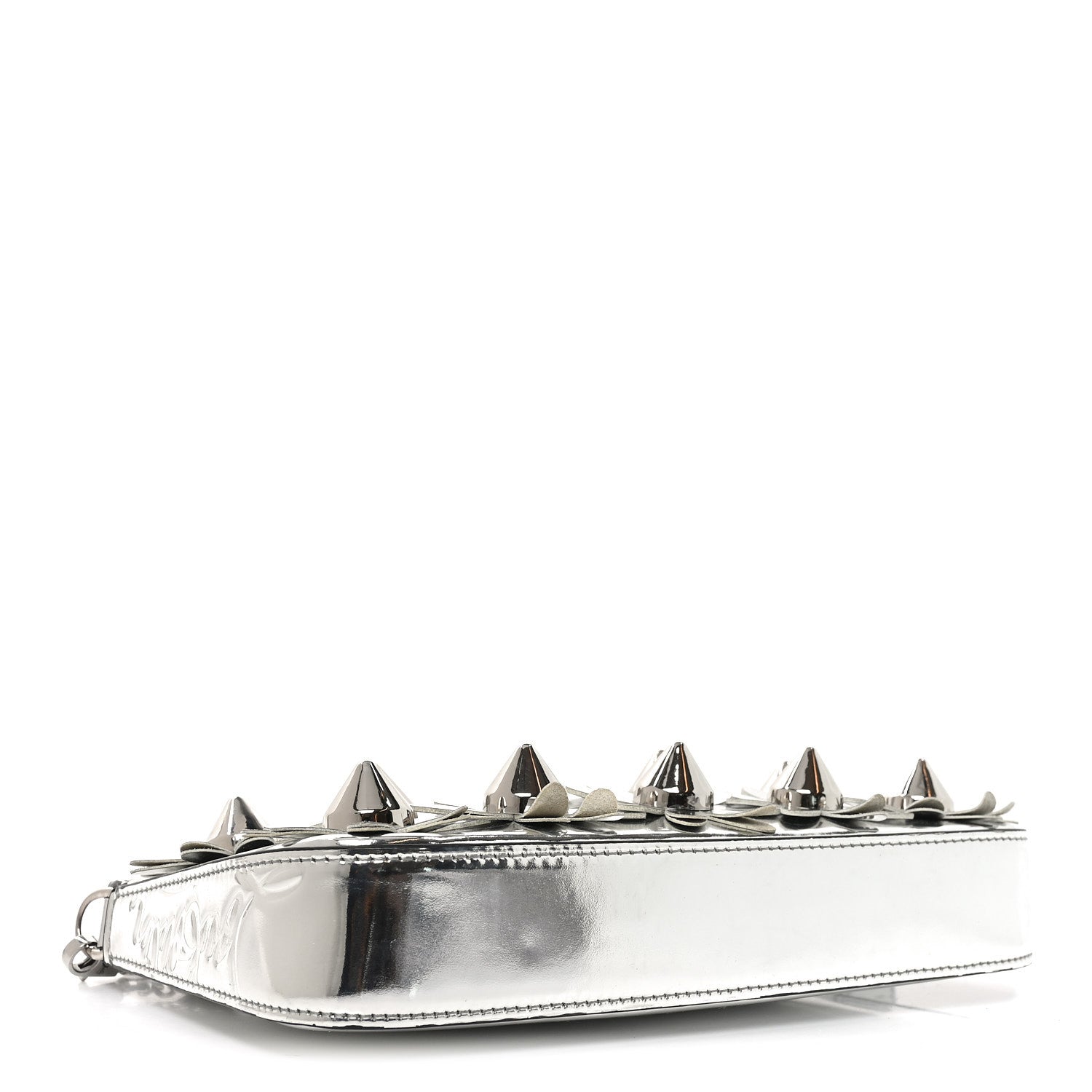 Metallic Patent Calfskin Flower Loubila Chain Clutch Silver