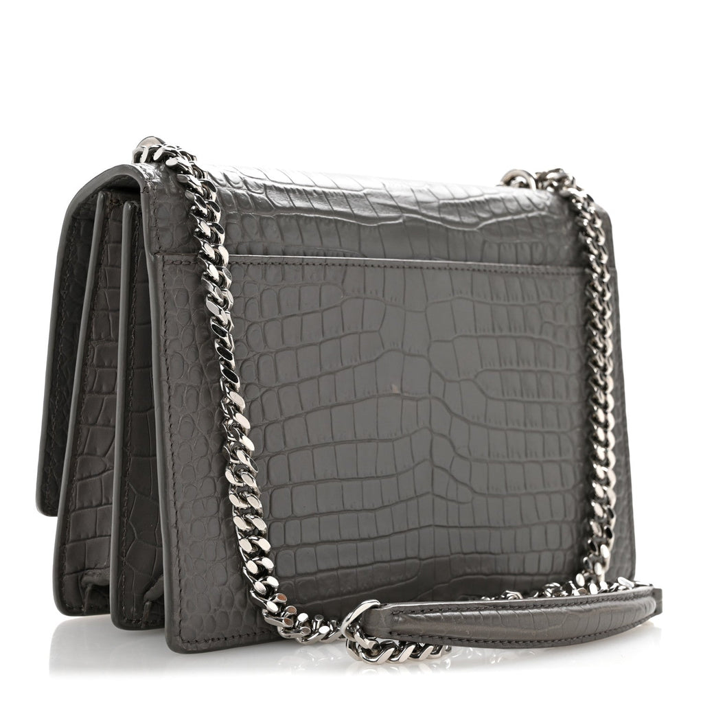Calfskin Crocodile Embossed Medium Monogram Sunset Fog