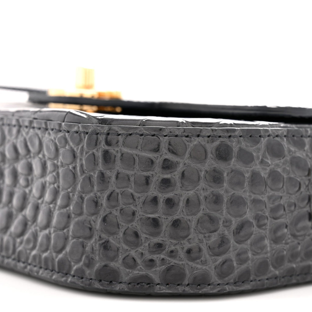 Calfskin Crocodile Embossed Turn Around Mini Flap Dark Grey Dark Grey