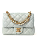 Shiny Lambskin Quilted Pearl Twist Mini Square Flap Light Blue