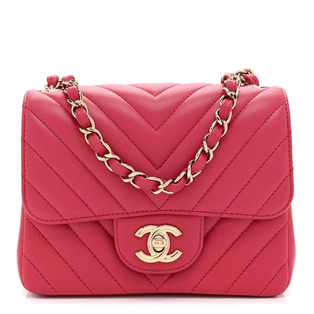 Lambskin Chevron Quilted Mini Square Flap Fuchsia