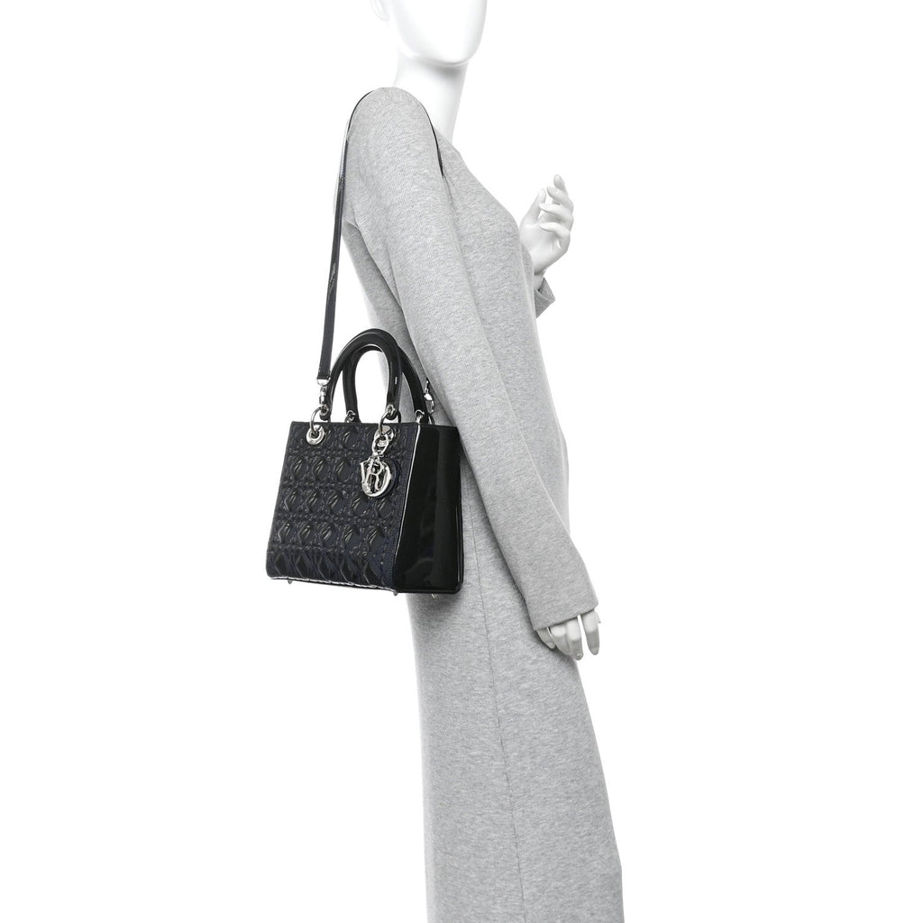 Patent Cannage Medium Lady Dior Navy Blue