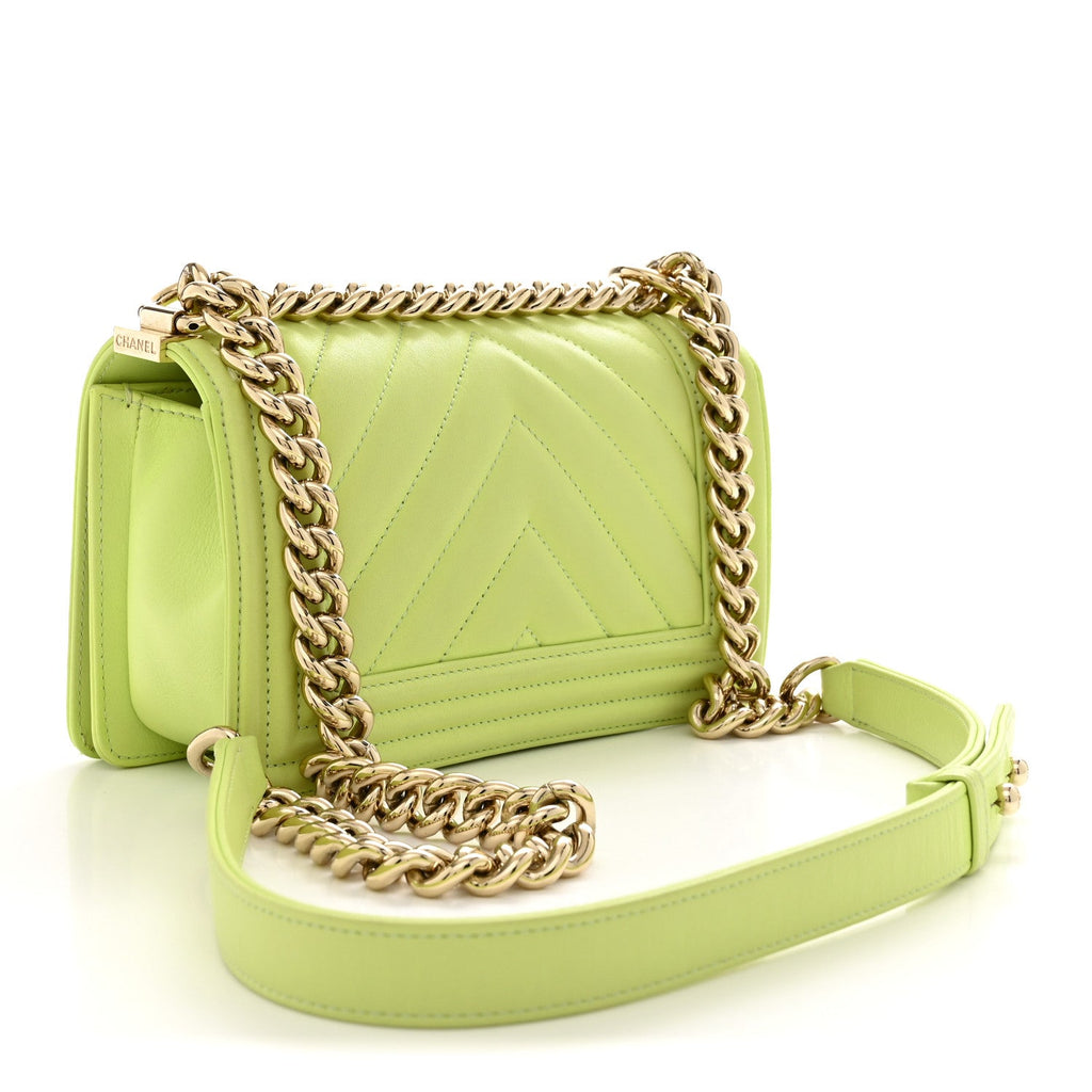 Calfskin Chevron Quilted Small Boy Flap Light Green