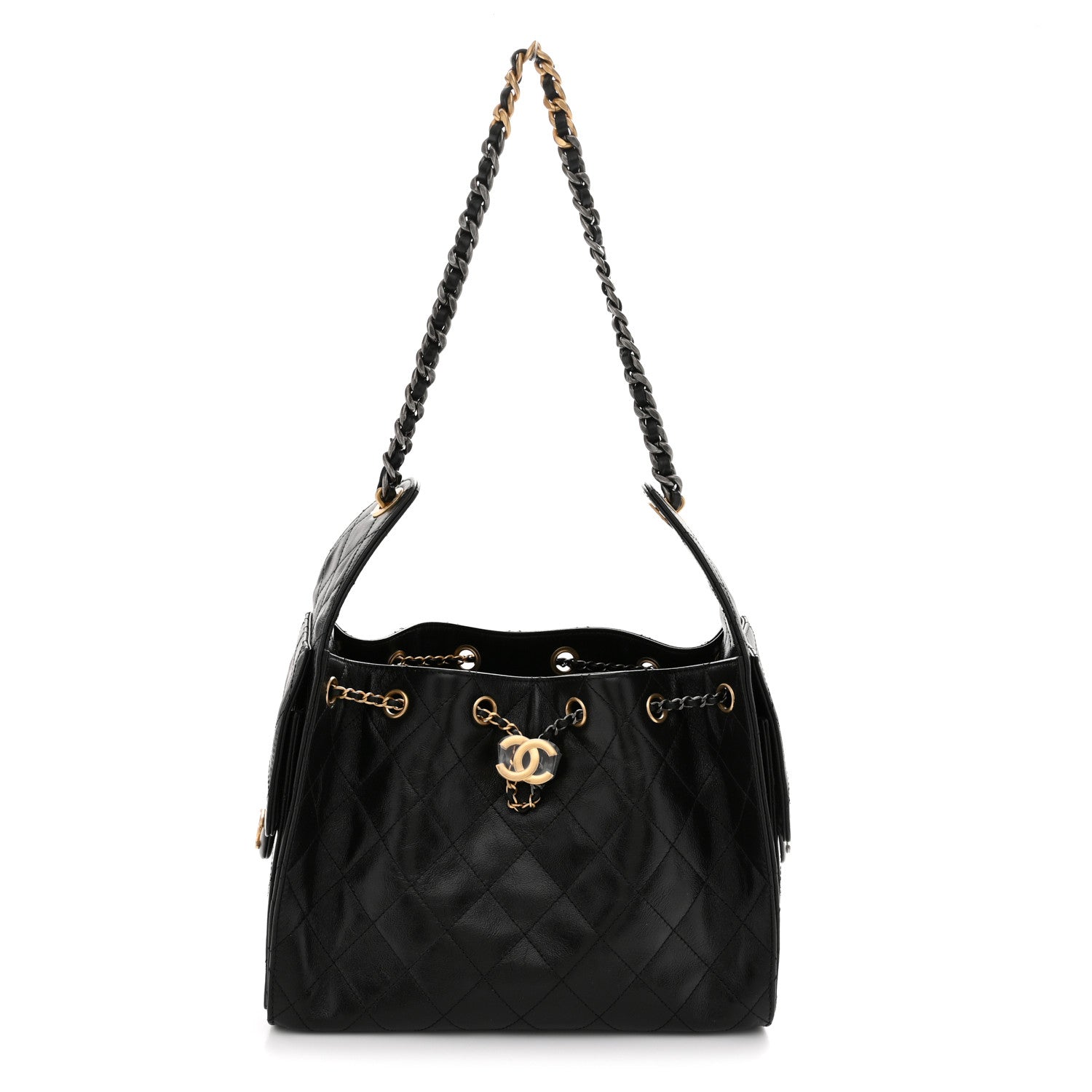 Shiny Crumpled Calfskin Quilted Small Chanel 25 Handbag Black
