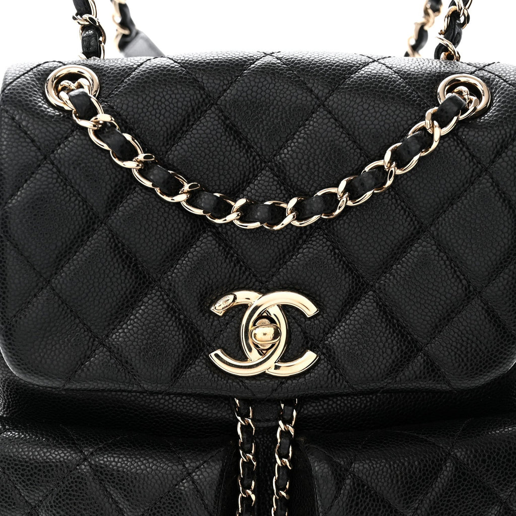 Shiny Caviar Quilted Medium Duma Pockets Drawstring Backpack Black