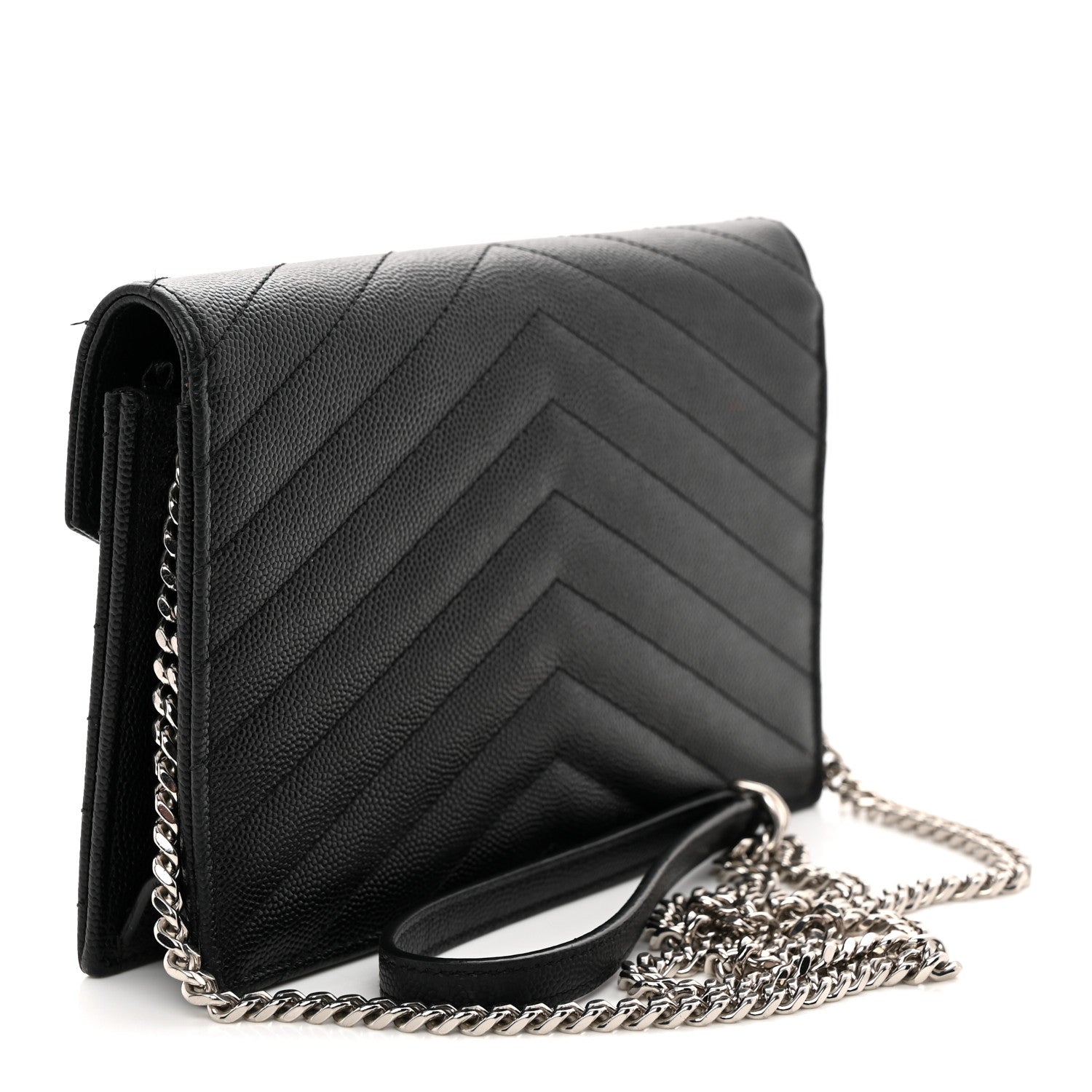 Grain De Poudre Matelasse Chevron Monogram Envelope Chain Wallet Black