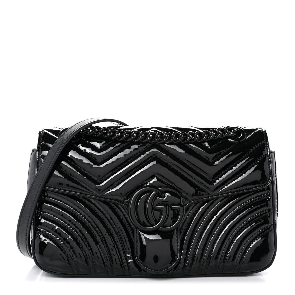 Patent Calfskin Matelasse Monochrome Small GG Marmont Shoulder Bag Black