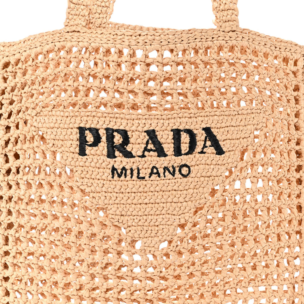 Yarn Raffia Effect Crochet Logo Embroidered Tote Bag Naturale