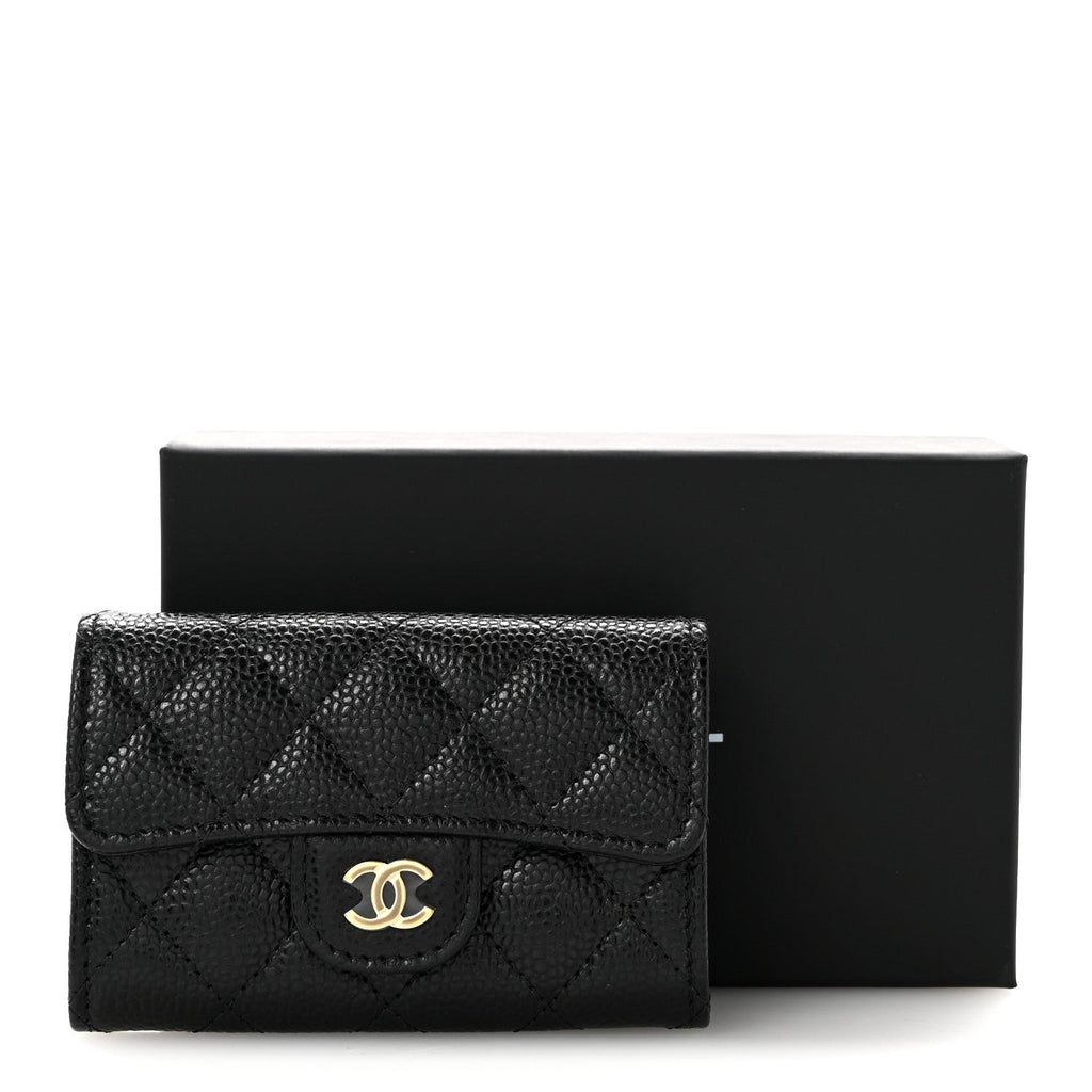 Caviar Quilted Flap Card Holder Wallet Black