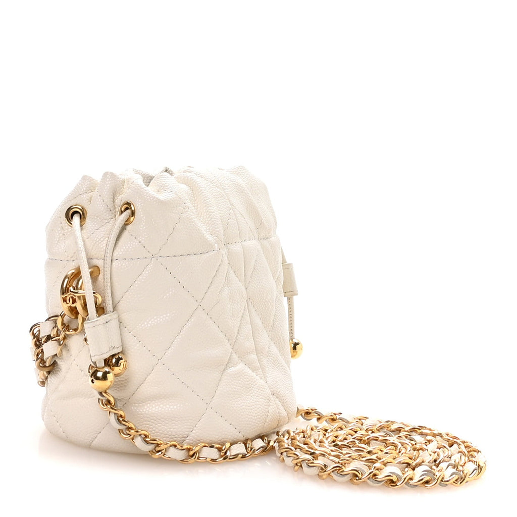 Caviar Quilted Coco First Bucket Clutch With Chain White