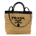 Yarn Raffia Effect Calfskin Crochet Embroidered Medium Logo Tote Tan Black